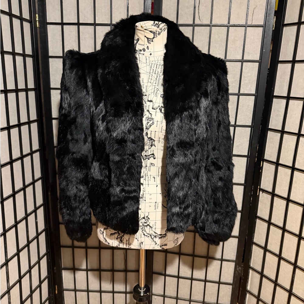 ☀️Sergio Valente vintage 100% rabbit fur coat Elegant Black Teddy Jacket Sz M